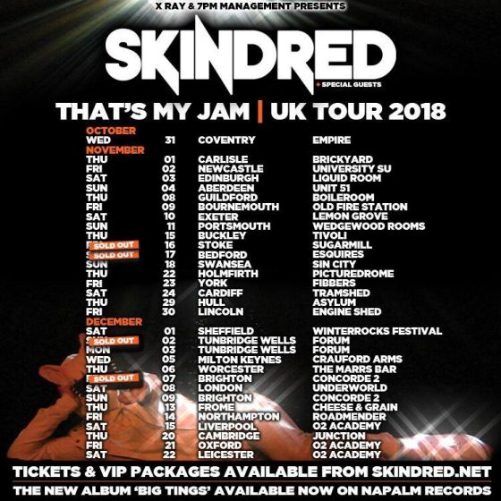 Skindred - THAT'S MY JAM TOUR Craufurd Arms Wolverton Milton Keynes Weds 5th December